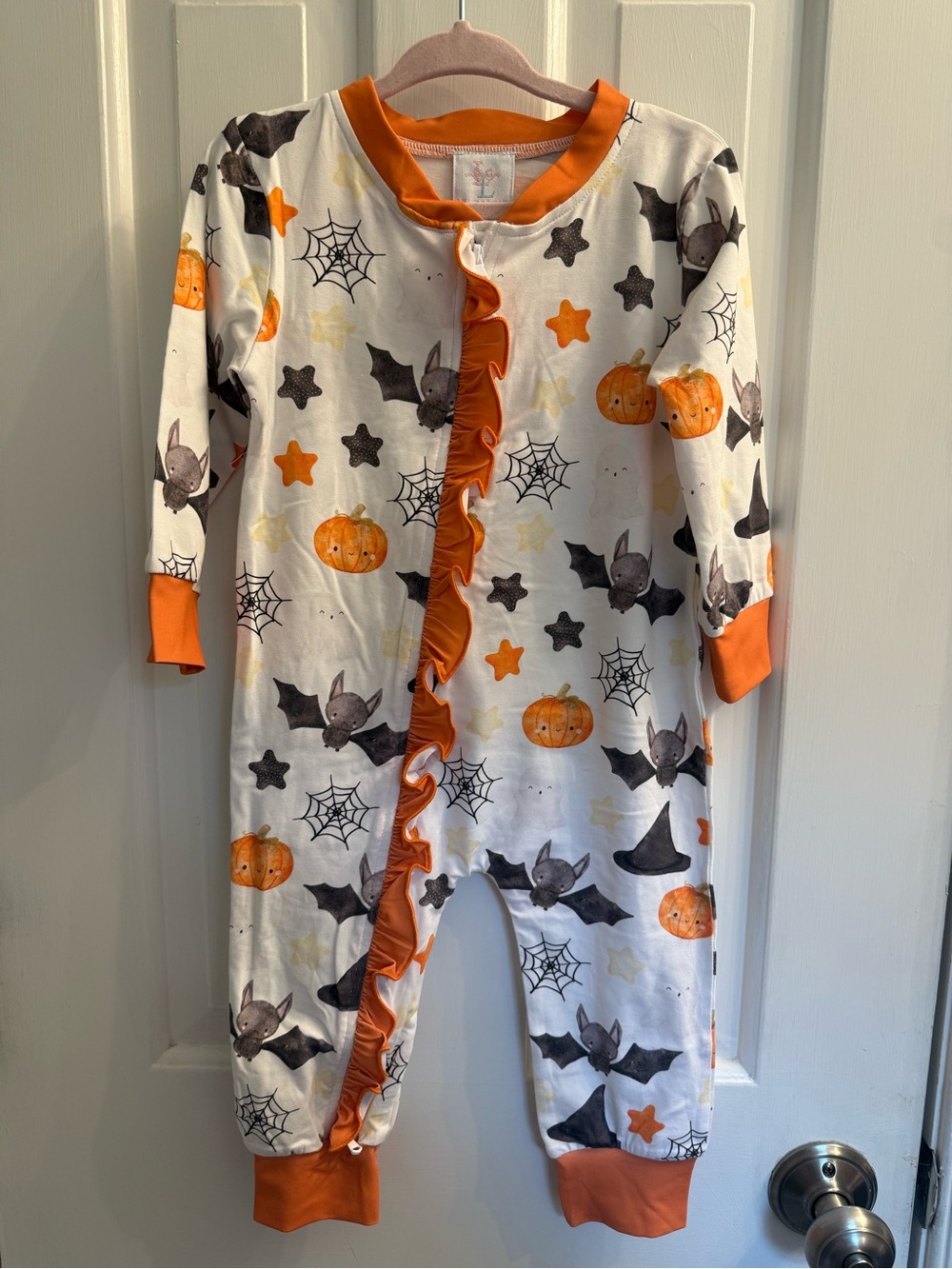 Lillie & Lilah 18M Halloween Bat Pumpkin Ruffle Romper Pajamas